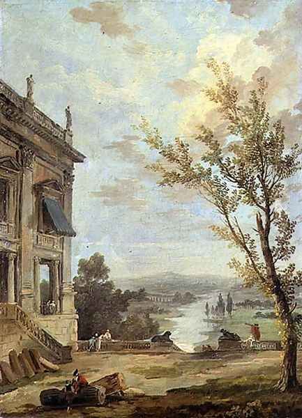 Capriccio Italianate landscape with the Capitoline Palazzo Nuovo and gentlefolk on a terrace, a river beyond Oil Painting by Hubert Robert