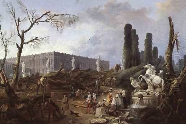 Tree Felling in the Garden of Versailles around the Baths of Apollo, 1775-77 Oil Painting by Hubert Robert