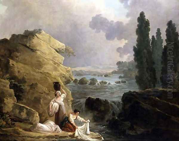 Washerwomen by a Cascade, c.1800 Oil Painting by Hubert Robert