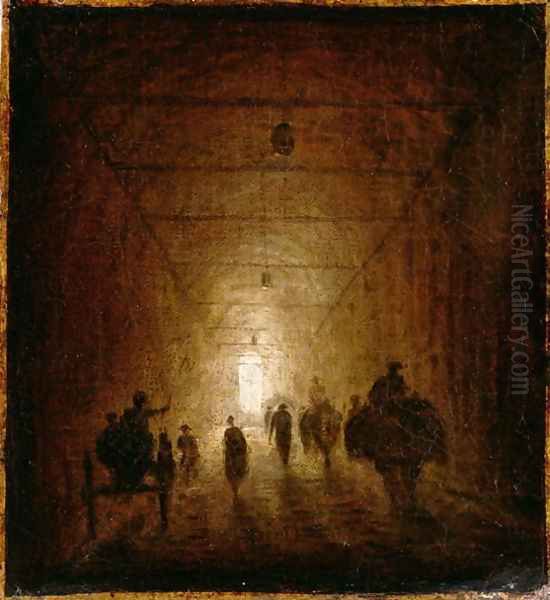 Riders and Pedestrians Passing Through an Arched Passage Oil Painting by Hubert Robert