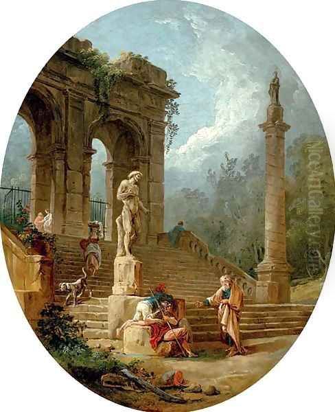 A capriccio of a classical arcade and a column with figures conversing before a statue Oil Painting by Hubert Robert