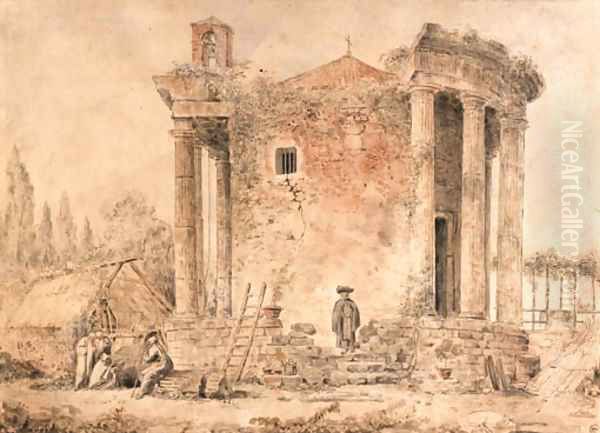 A capriccio with the Temple of the Sybil at Tivoli, Capuchin priests standing amongst the ruins Oil Painting by Hubert Robert