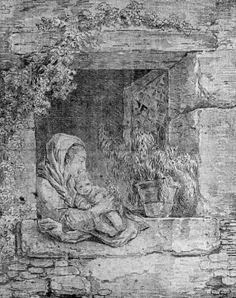 A mother and child embracing by a cottage window Oil Painting by Hubert Robert