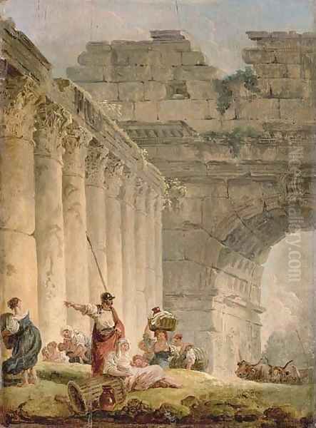 A capriccio of a classical colonnade and a triumphal arch with a soldier and washerwomen on a bank Oil Painting by Hubert Robert