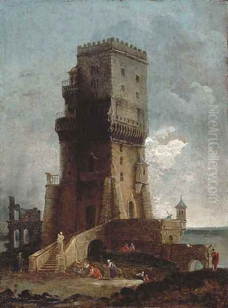 A capriccio of a tower with figures in the foreground, ruins and the sea beyond Oil Painting by Hubert Robert