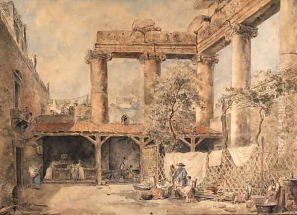 A courtyard at the Villa Pamphilj, Rome Oil Painting by Hubert Robert