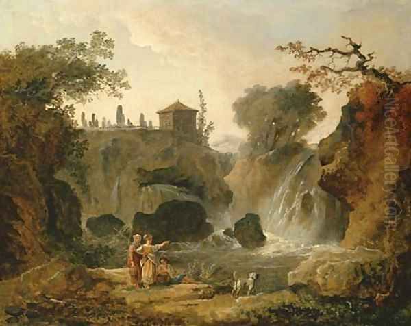 The waterfall at Tivoli with figures resting by the pool Oil Painting by Hubert Robert