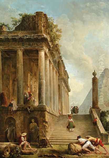 A capriccio of a ruined classical temple and a Pyramid with a flight of steps Oil Painting by Hubert Robert