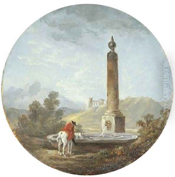 A landscape with a horseman pausing by a fountain Oil Painting by Hubert Robert