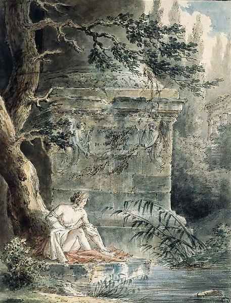 A young female Bather near a Column Oil Painting by Hubert Robert