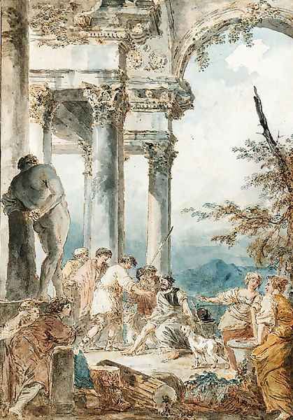 Belisarius begging beneath a Portico by the Farnese Hercules, after Panini Oil Painting by Hubert Robert