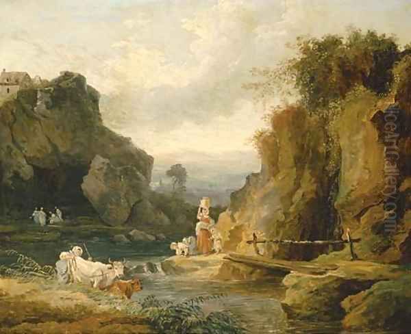 Figures by a footbridge in a rocky river landscape Oil Painting by Hubert Robert