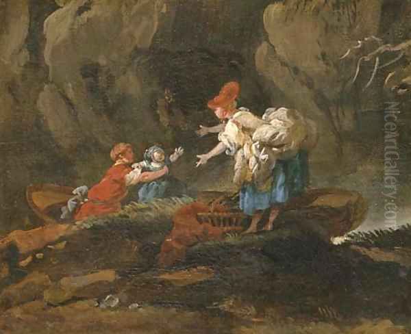 A family disembarking from a boat in a rocky river landscape Oil Painting by Hubert Robert