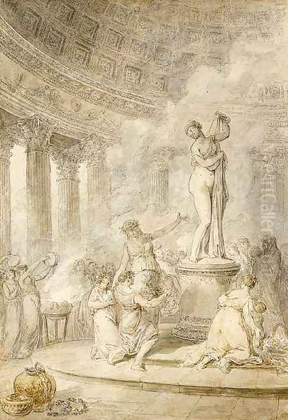 A sacrifice before the Callipygian Venus in a circular temple Oil Painting by Hubert Robert