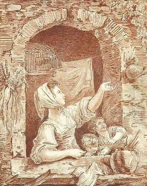 A Washerwoman and two Children coaxing a Bird back into its Cage Oil Painting by Hubert Robert