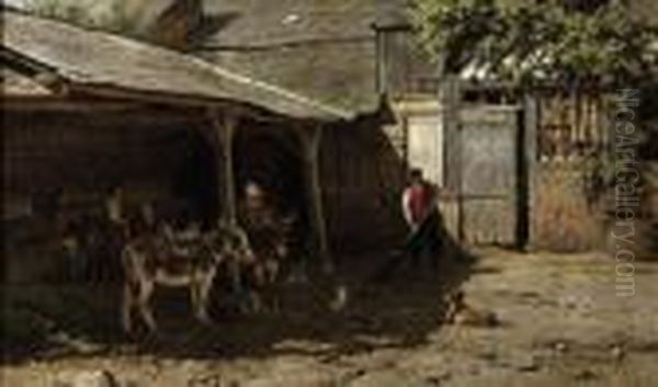 Donkeys In The Farmyard Oil Painting by Willem Carel Nakken