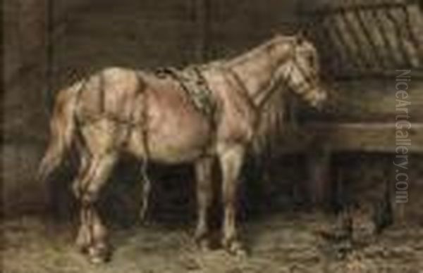 In The Stable Oil Painting by Willem Carel Nakken