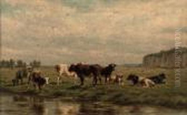 Cows In A Panoramic Landscape Oil Painting by Willem Carel Nakken