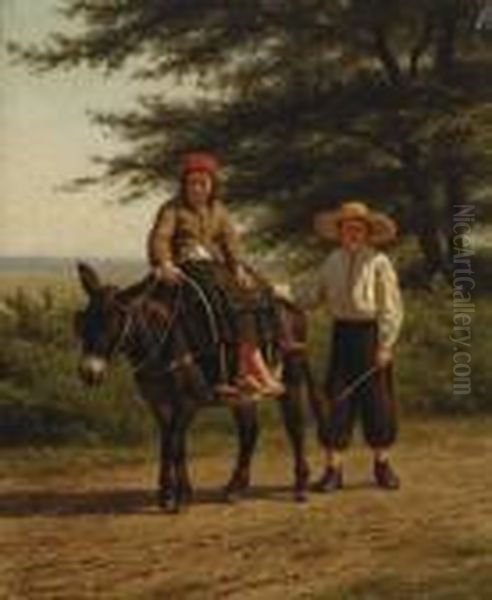 Man And Woman On A Donkey Oil Painting by Willem Carel Nakken