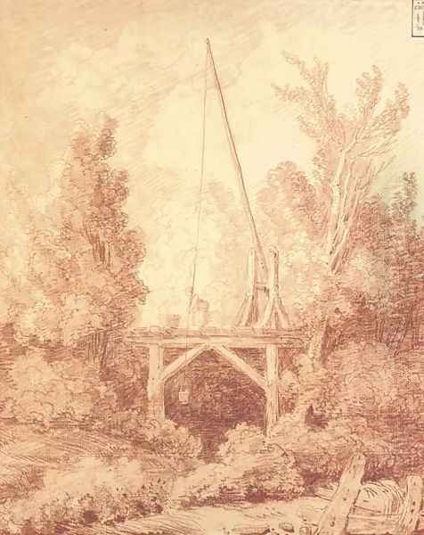 Le seau d'eau A woman on a pontoon among trees lowering a bucket into a stream Oil Painting by Hubert Robert