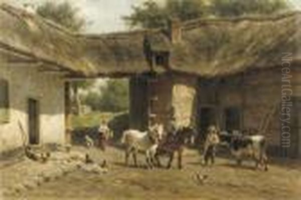 Working Horses In A Farmyard Oil Painting by Willem Carel Nakken