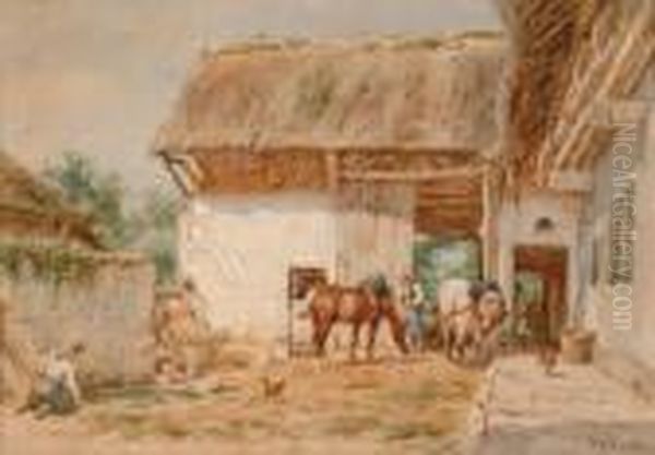 Barn Yard Oil Painting by Willem Carel Nakken