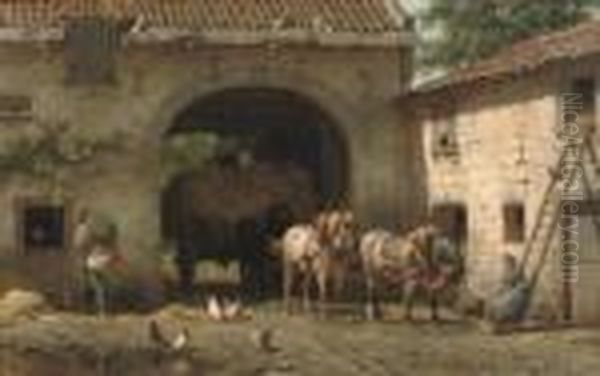 A Hay-cart Entering A Courtyard In Summer Oil Painting by Willem Carel Nakken