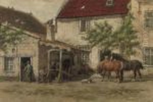 Grooming The Horses Oil Painting by Willem Carel Nakken