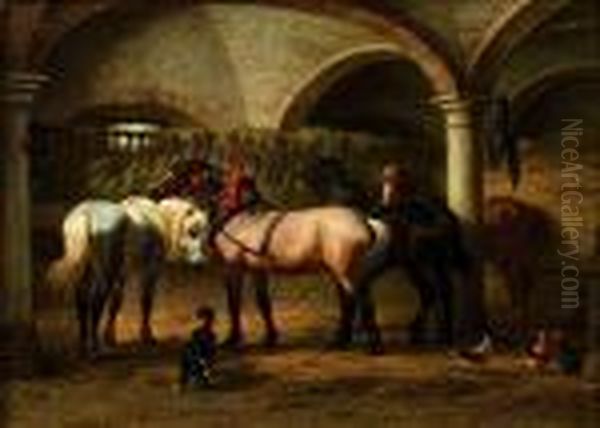 Chevaux Gris-pommele, Isabelle, Bai-brule, Alezan Dans Une Ecurie Oil Painting by Willem Carel Nakken