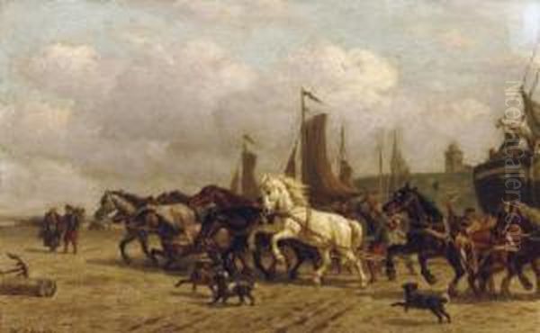 Horsepower: Dragging A 'bomschuit' To Sea, Scheveningen Oil Painting by Willem Carel Nakken