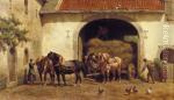 Unloading The Hay-wagon Oil Painting by Willem Carel Nakken