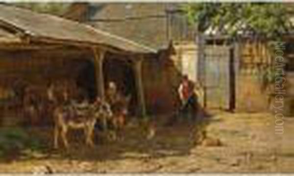 Donkey-riders In A Sunlit Farmyard Oil Painting by Willem Carel Nakken