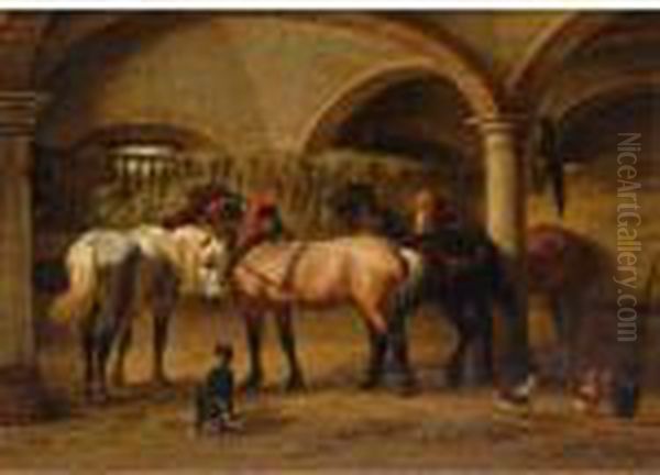 Horses In A Stable In The Ardennes Oil Painting by Willem Carel Nakken