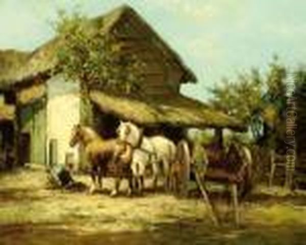 A Brown And White Horse By A Stable Oil Painting by Willem Carel Nakken