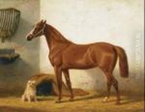 Thoroughbred And Terrier In A Stable by Willem Carel Nakken