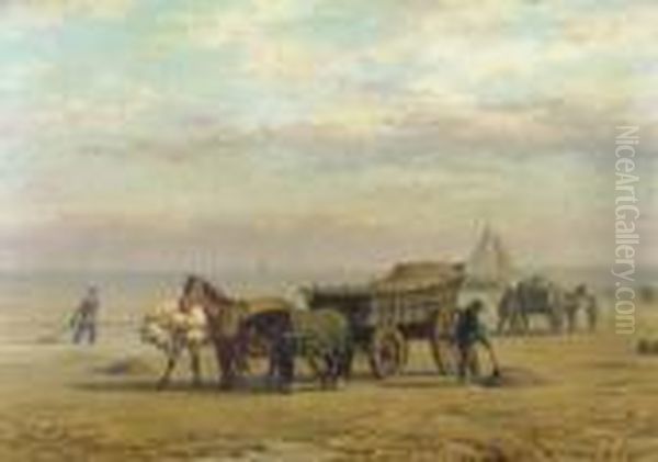 Shellfishers On The Beach Oil Painting by Willem Carel Nakken