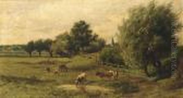 Cows In A Summer Landscape Oil Painting by Willem Carel Nakken