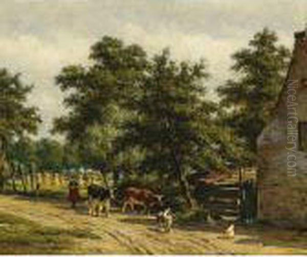 A Cowherd And Her Cattle By A Farm Oil Painting by Willem Carel Nakken