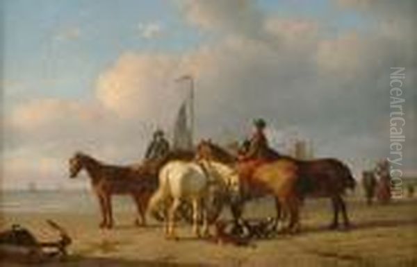 Horses And Figures On A Beach With Fishing Boats Beyond Oil Painting by Willem Carel Nakken