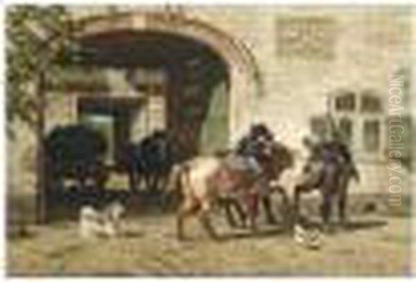 Horses By A Gateway Oil Painting by Willem Carel Nakken