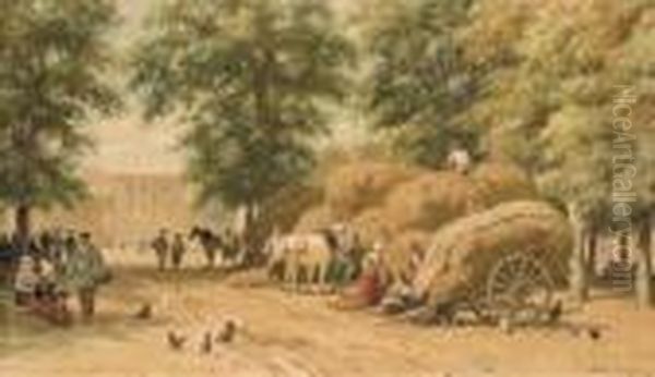 Haycarts In A Town Oil Painting by Willem Carel Nakken