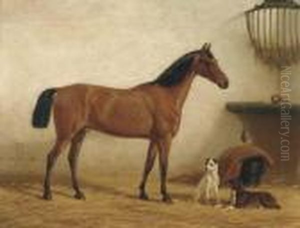 Chat-botte Met Snip En Snoek: Horse And Dogs In A Stable Oil Painting by Willem Carel Nakken