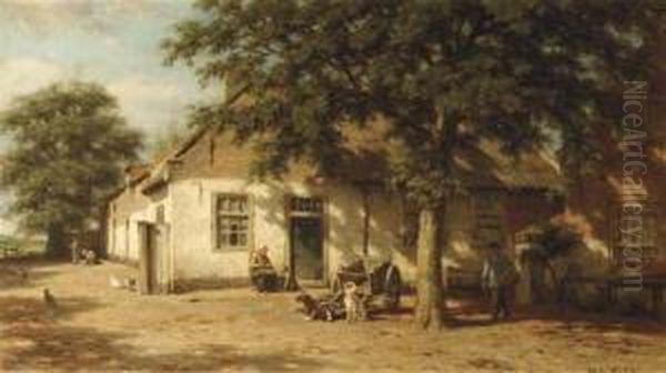 Peasants In A Sunlit Farmyard Oil Painting by Willem Carel Nakken