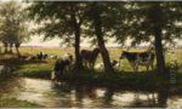 Cows Near The Waterside Oil Painting by Willem Carel Nakken