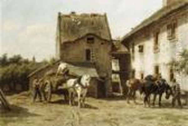 In Ryes: Horses In A Sunny Farmyard Oil Painting by Willem Carel Nakken