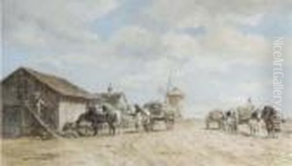 Horse-drawn Wagons Halting By A Barn Oil Painting by Willem Carel Nakken