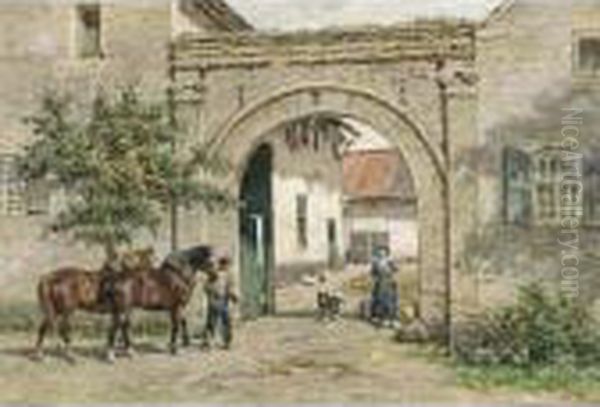 A Farmer With His Horses Entering A Courtyard Oil Painting by Willem Carel Nakken