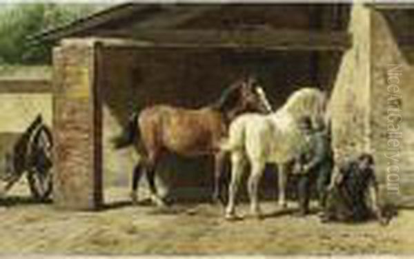 Two Horses At The Smithy Oil Painting by Willem Carel Nakken