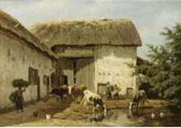 Chicken And Watering Cows In A Sunlit Farmyard Oil Painting by Willem Carel Nakken