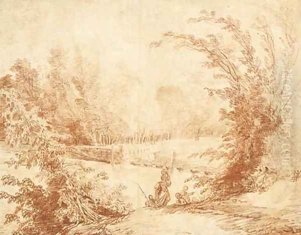 View of a park with figures by a pontoon bridge Oil Painting by Hubert Robert